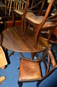 AN OAK BARLEY TWIST DROP LEAF TABLES, four mahogany chairs and a TV stand (6)