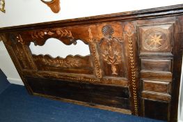 AN 18TH CENTURY AND LATER OAK, PINE AND MAHOGANY WALL PANEL, inlaid with star lozenge and floral