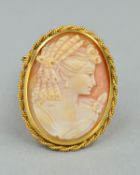 A CAMEO BROOCH/PENDANT, of oval outline depicting a female in profile, within a rope-twist surround,