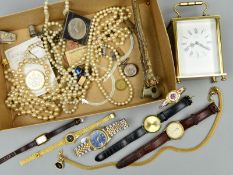 A SELECTION OF ITEMS, to include imitation pearl necklaces, a carriage clock, a pair of