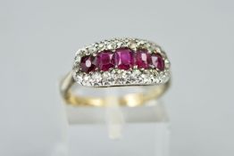 A RUBY AND DIAMOND DRESS RING, designed as a line of five rubies within a single cut diamond
