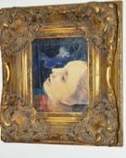 A GILT FRAMED OIL ON CANVAS LAID ON BOARD, modernist style, together with two prints of Oriental
