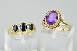 TWO 9CT GOLD DRESS RINGS, one single stone amethyst in a twist rope edge, amethyst measuring