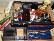 A BOX AND LOOSE SUNDRY ITEMS, to include Bakelite 'Pilot' radio, boxed draughting instruments, cased