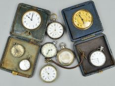 VARIOUS POCKET WATCHES (three of which are silver) and two bedside clocks (9)