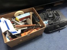 A BOX CONTAINING MISCELLANEOUS TOOLS, and a HP printer, etc