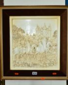 A MARCUS DESIGNS FRAMED RESIN IVORY EFFECT PLAQUE, moulded with medieval falconery scene,