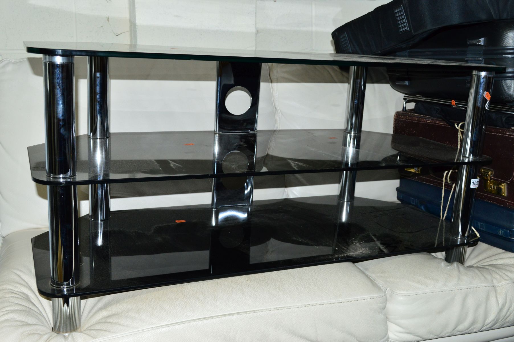 A BLACK GLASS AND CHROME THREE TV STAND and five various table lamps (6)