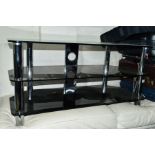 A BLACK GLASS AND CHROME THREE TV STAND and five various table lamps (6)