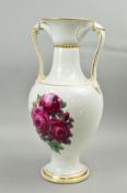 A LARGE MEISSEN PORCELAIN TWIN HANDLED VASE/URN, decorated with Roses (yellow and purple), gilt