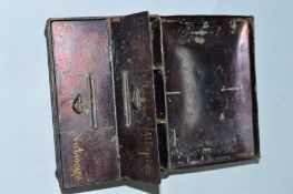 LATE VICTORIAN RECTANGULAR SPICE TIN, the lid opening to reveal two hinged covers each with three