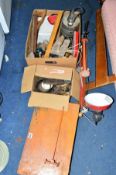 TWO BOXES AND A TOOLBOX CONTAINING HAND TOOLS, watch makers tools and an angle poise lamp etc