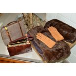 A LEATHER HANDBAG BY MACLEAN, another handbag, a pair of pigskin gloves and two fur stoles