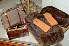 A LEATHER HANDBAG BY MACLEAN, another handbag, a pair of pigskin gloves and two fur stoles