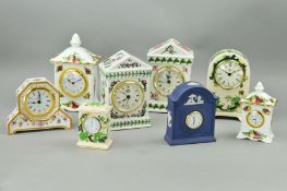 EIGHT VARIOUS PORCELAIN CLOCKS, to include Royal Crown Derby 'Royal Antoinette', two Masons '
