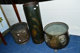 TWO 20TH CENTURY COPPER LOG BUCKETS, and an umbrella stand (3)