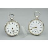 TWO SILVER OPEN FACE POCKET WATCHES, both with Roman numerals and secondary subsidiary dials, both