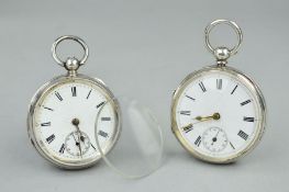 TWO SILVER OPEN FACE POCKET WATCHES, both with Roman numerals and secondary subsidiary dials, both