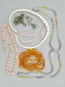A SELECTION OF GEM JEWELLERY, to include a conch shell bead necklace, a further shell bead necklace,