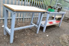 TWO PAINTED WOODEN POTTING TABLES, approximate sizes 160cm x 93cm x 56cm and 122cm x 94cm x 66cm