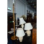 A PAIR OF CERAMIC TABLE LAMPS, with shades, another table lamp, a standard lamp, a pine overmantle
