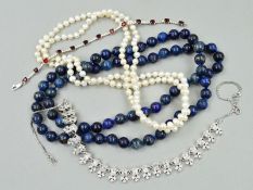 FOUR NECKLACES AND A BRACELET, to include a cultured pearl necklace, a lapis lazuli bead necklace, a