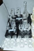A QUANTITY OF BOXED ROYAL DOULTON DECANTER AND GLASS SETS, together with other loose glassware