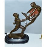 A MODERN BRONZE OF MALE AND FEMALE DANCERS, mounted on an oval marble plinth, height 60cm