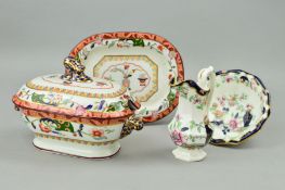 A MASONS IRONSTONE OVAL SAUCE TUREEN, COVER AND STAND, height approximately 13cm, together with a