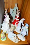 NINE VARIOUS FIGURES, to include Wedgwood 'Gaiety' from classical collection (jug reglued) and '