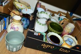 TWO BOXES AND LOOSE ASSORTED JUGS, JARDINIERES, etc, including Sylvac, Chelsea Pottery, etc