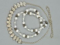 TWO NECKLACES, the first designed with cultured pearls, faceted crystal beads and paste set spheres,