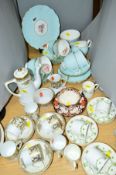 AYNSLEY CHINA TEASET PALE BLUE WITH ROSES, consisting of cake plate, milk jug, sugar bowl, six cups,
