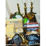 TWO BOXES OF BRASSWARE, table lamps, cameras, speakers, toast racks, etc (two boxes)
