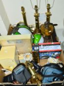 TWO BOXES OF BRASSWARE, table lamps, cameras, speakers, toast racks, etc (two boxes)