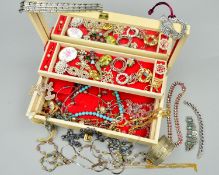 A JEWELLERY BOX OF COSTUME JEWELLERY, to include a necklace designed as graduated mother-of-pearl