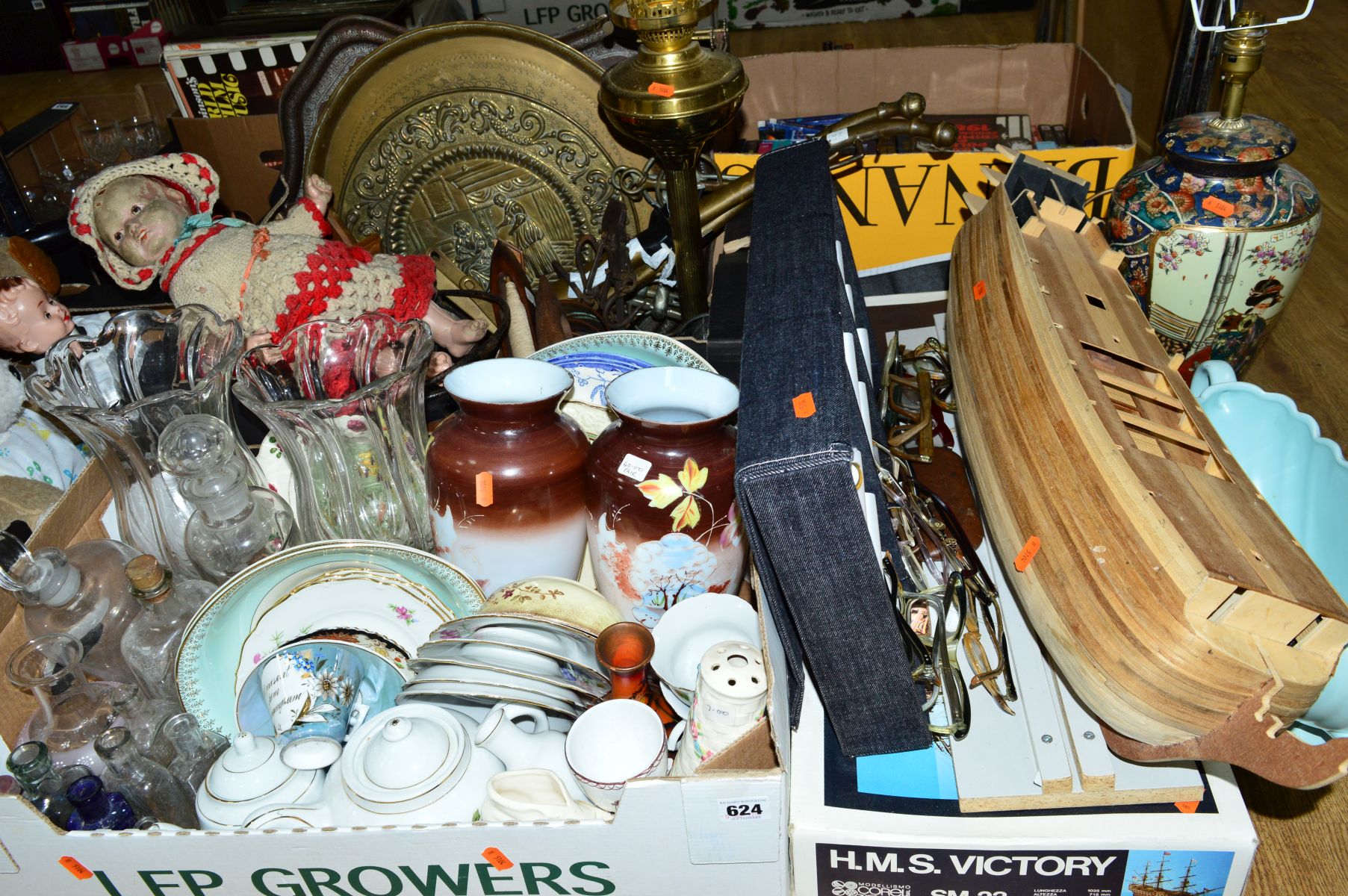 TWO BOXES AND LOOSE CERAMICS, GLASSWARE, METALWARE, etc, to include a brass oil lamp base, modern