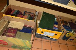 FOUR BOXES OF BOOKS, SHEET MUSIC, etc, Great World Atlas, etc