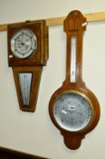 AN ART DECO WALNUT BAROMETER, together with another barometer (2)