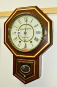 A LATE 19TH CENTURY ROSEWOOD AND GOLD LINE PAINTED DROP DIAL WALL CLOCK, stamped Seth Thomas (sd) (