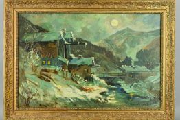 M.DUDAS? (20TH CENTURY) 'MOONLIT', an oil on canvas painting of a snow covered landscape with