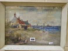 ALFRED S EDWARDS (1852-1915), an oil on board painting depicting a row of seaside cottages with a