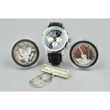 A GENTS WRISTWATCH, two silver commemorative coins, 'We the People of the United States'