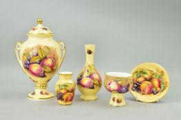 FIVE PIECES AYNSLEY 'ORCHARD GOLD', to include twin handled covered vase, by D.Jones, approximate