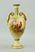 A CROWN DEVON 'GAME' PATTERN TWIN HANDLED VASE, hand painted Cock and Hen on a branch in a landscape