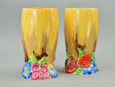 A PAIR OF CLARICE CLIFF FOR WILKINSON LTD VASES, 'My Garden' pattern, approximate height 15cm (2)