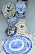 VARIOUS PLATES, PLAQUES, COMPORT ETC, to include ironstone blue and white soup bowls, plates,