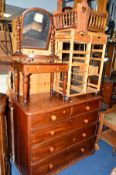 A VICTORIAN WALNUT CHEST, of two short and three long drawers with turned handles, on metal casters,