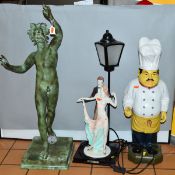 A CAST GREEK MYTHOLOGICAL NUDE FIGURE, height 81cm, a Juliana Collection novelty table lamp as a