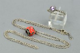 THREE PANDORA ITEMS OF JEWELLERY, to include a February birthstone ring set with a circular amethyst